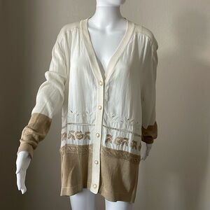 Made in Italy Neutral Tone Cardigan Embroidered Floral Knit Button Front Boho L